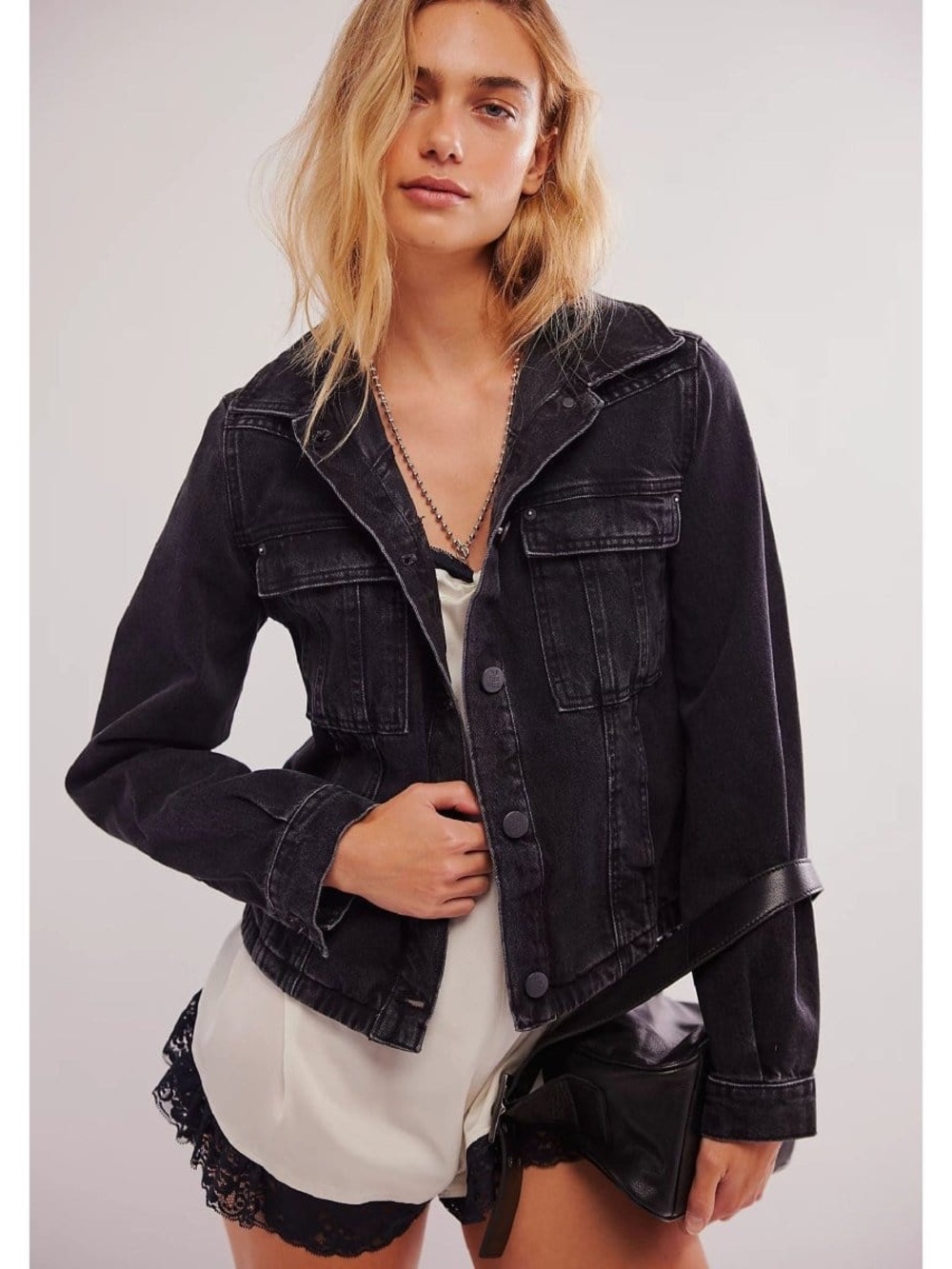 Free People We The Free Jade Black Wash Denim Jean Jacket Womens Size S